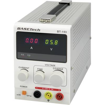 Laboratoriespänningsaggregat med digitalt display som visar '0,00 A' och '5,8 V'. Två vred för spänningsinställning. Varumärke uppe till vänster.