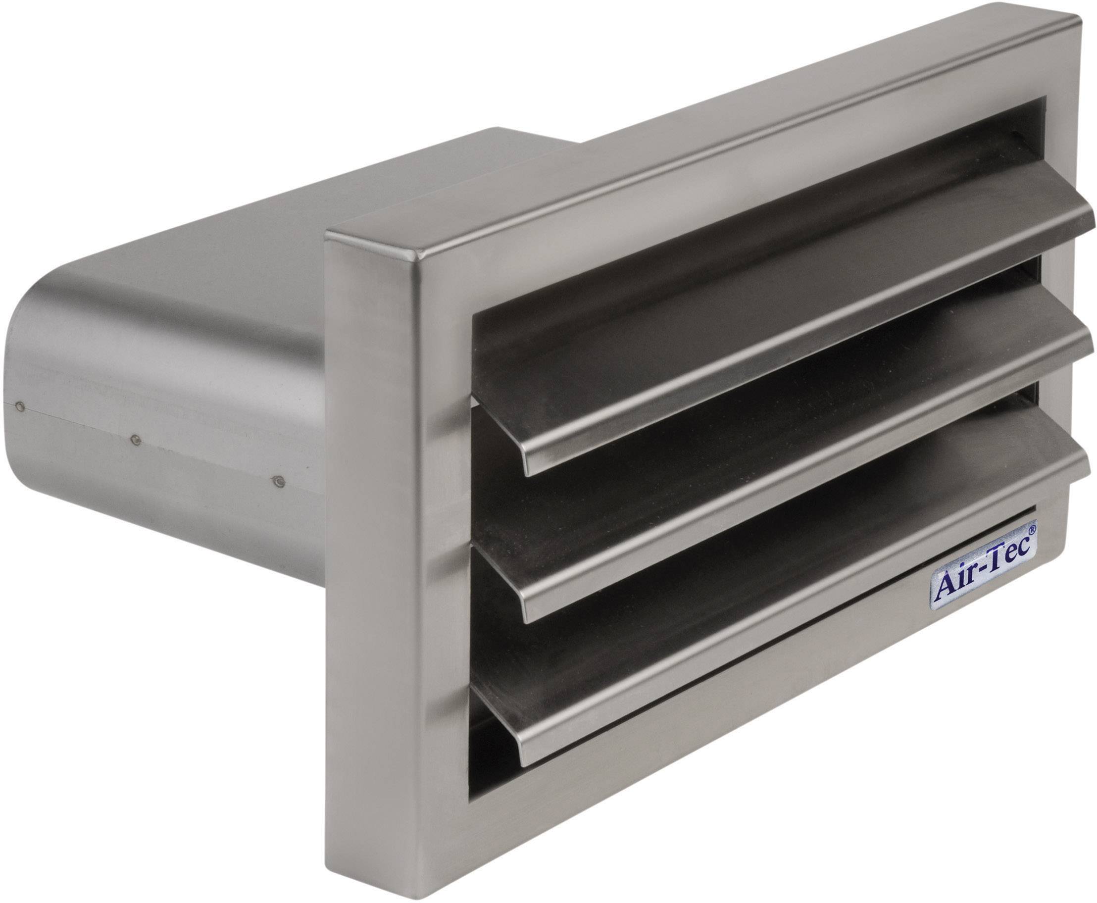 Industriellt ventilationsaggregat i rostfritt stål med tre horisontella ventilationslameller, monterat på ett rektangulärt hölje.