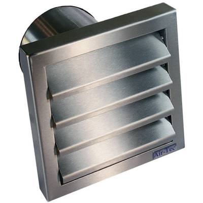 Metalliskt ventilationsgaller med horisontella lameller. Frontvy visar en kvadratisk design för luftutbyte.