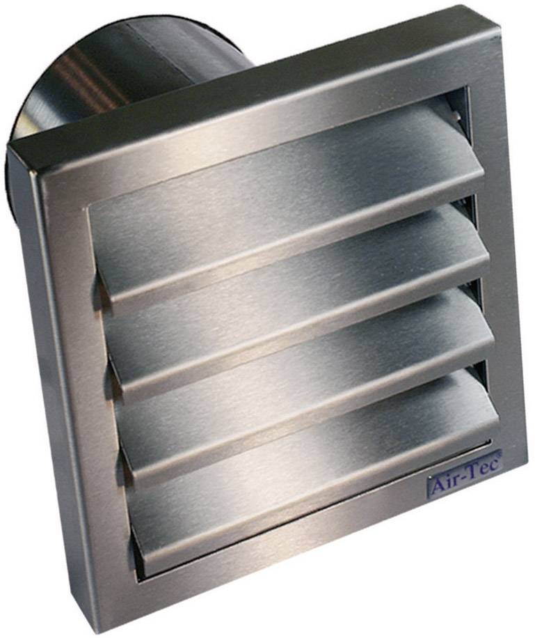 Metalliskt ventilationsgaller med horisontella lameller, kvadratisk form och borstad yta. Märkt med 'Air-Tec'.