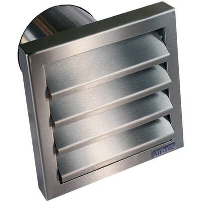 Metalliskt ventilationsgaller med horisontella lameller, kvadratisk form och borstad yta. Märkt med 'Air-Tec'.