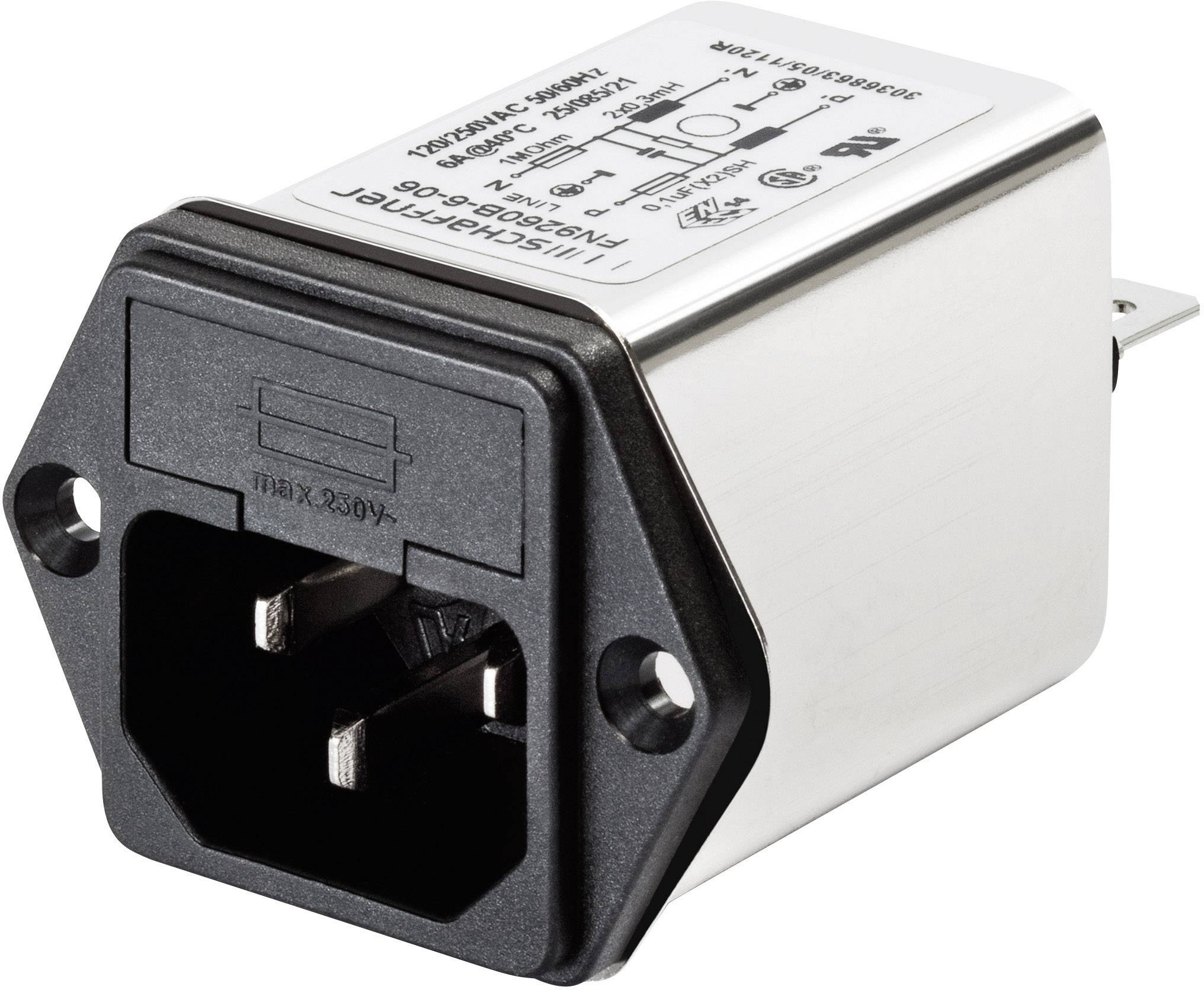En rektangulär stickkontaktsadapter med tre metallstift och svart lock; visar tekniska specifikationer.