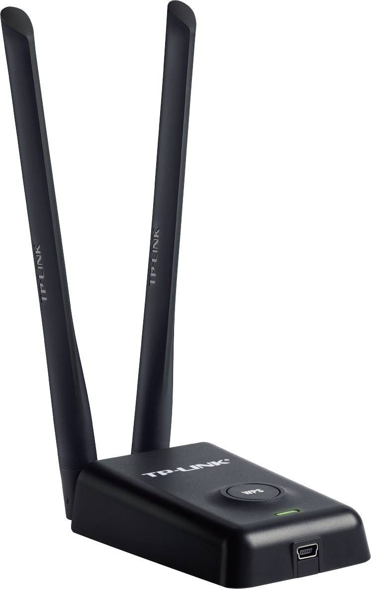 En svart TP-Link WLAN-adapter med två antenner och WPS-knapp för förbättrad nätverksanslutning.