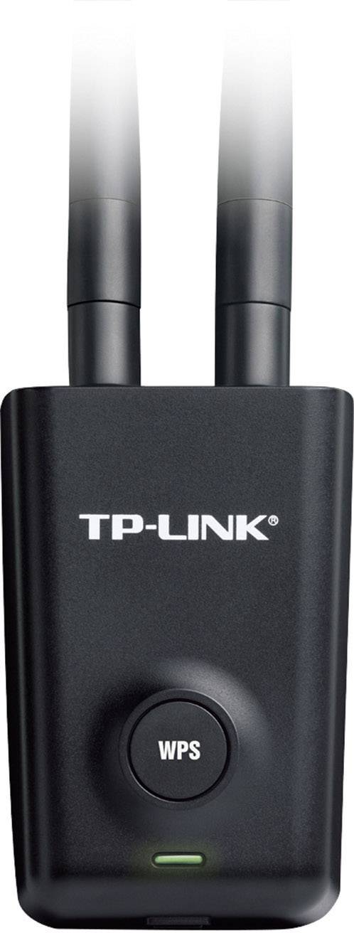 Svart TP-Link WiFi-förstärkare med två antenner och WPS-knapp, utökad räckvidd, lyser grönt som driftsindikator.