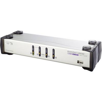 En silverfärgad KVM-switch från ATEN med fyra belysta knappar för styrning av flera datorer. Till höger en USB-anslutning.