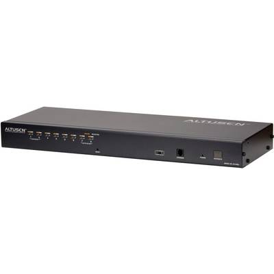 En svart KVM-switch-enhet från ALTUSEN med flera anslutningar och kontrollampor, avsedd för hantering av flera datorer via en konsol.