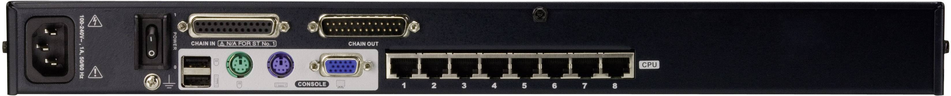 Baksidan av en server med olika anslutningar, inklusive VGA-, USB-, nätverks- och strömkontakter.