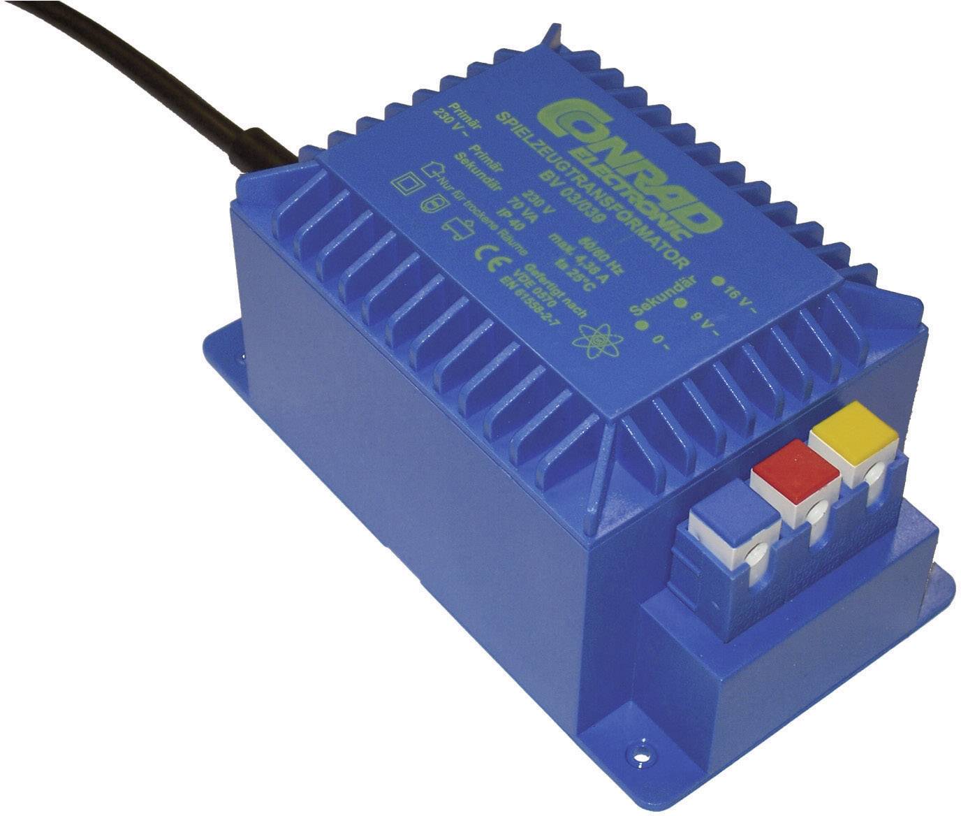 Blå säkerhetsisoleringskontverter med märkta anslutningar på ovansidan, inklusive svart strömkabel.