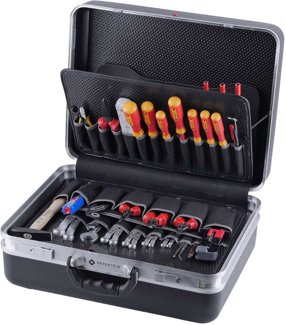 Verktygslåda med olika skruvmejslar, tänger och verktyg, prydligt sorterade i fack.