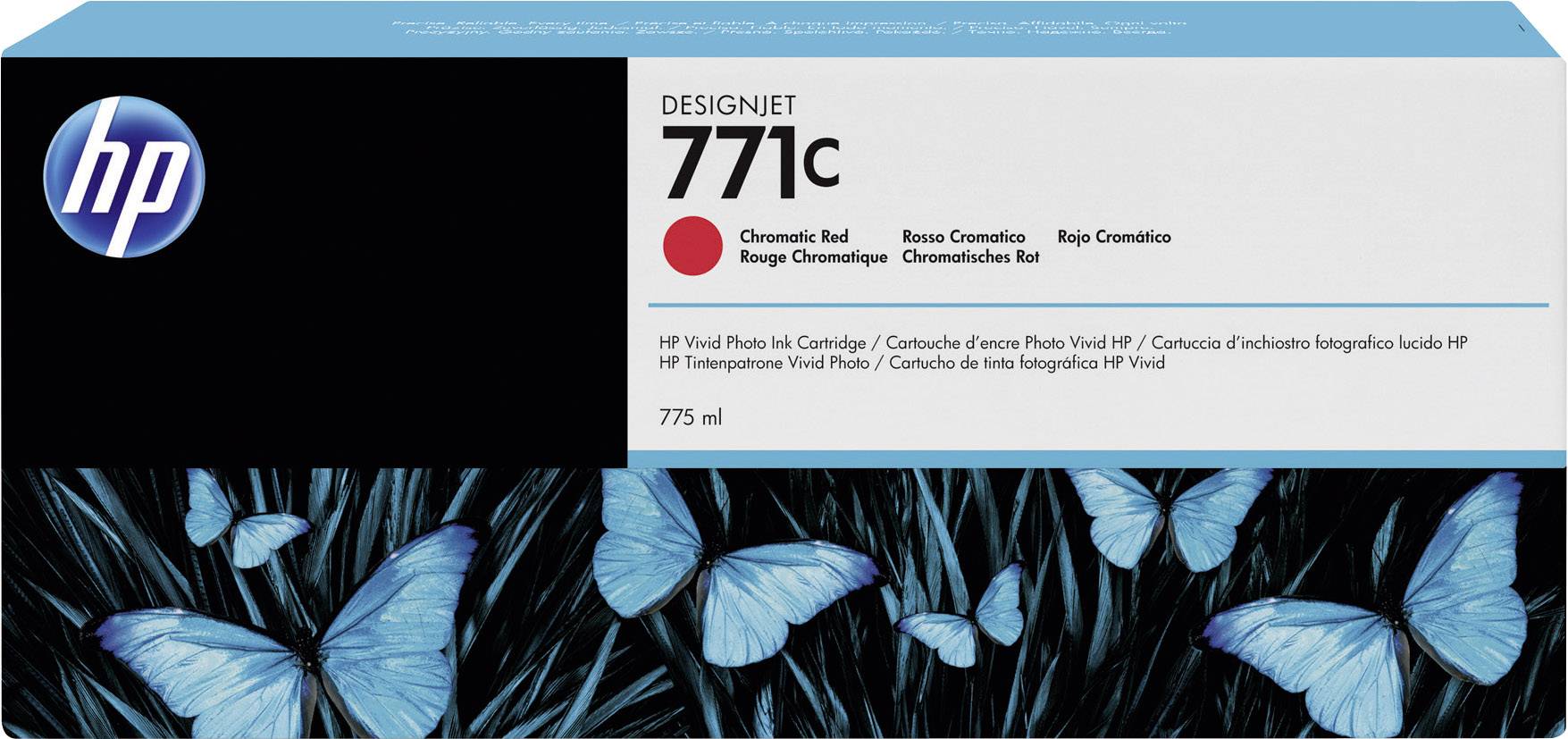 HP DesignJet 771c patron i krom-röd, 775 ml, med fjärilsdesign på förpackningen.