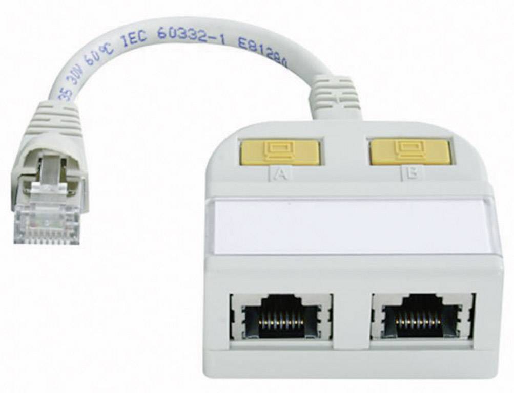 En grå nätverksswitch med två gula knappar och två Ethernet-portar, ansluten med en RJ45-kontakt vid kabeländen.
