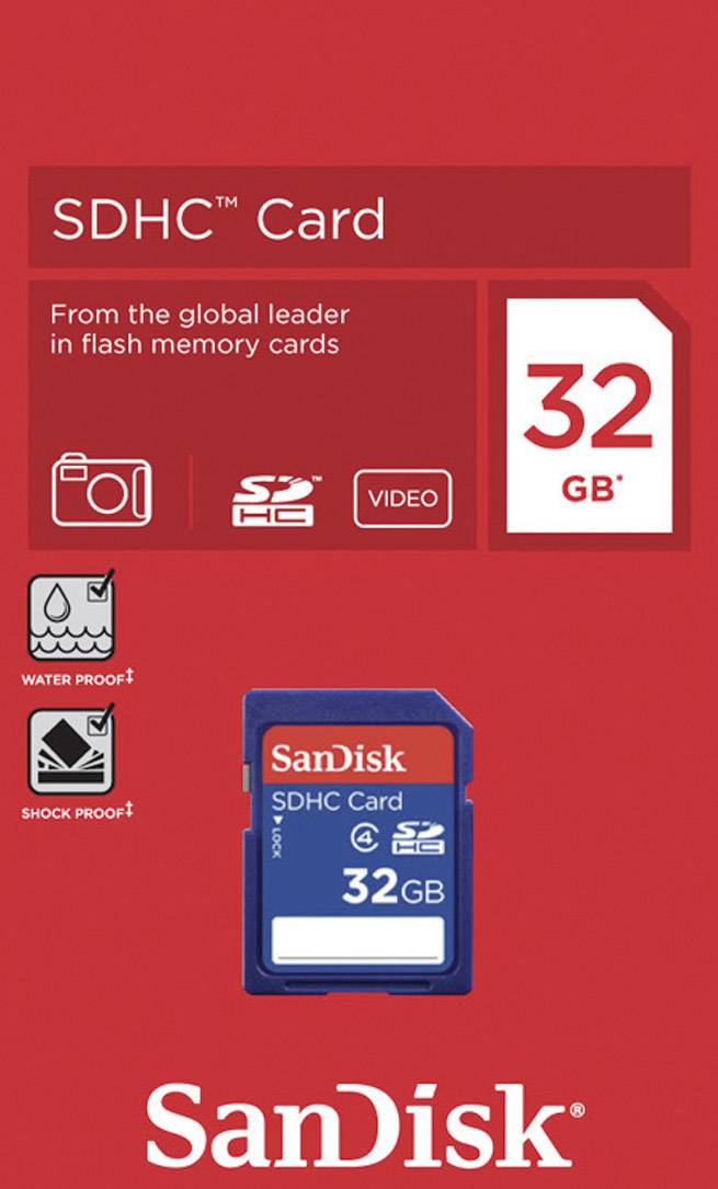 Reklam för ett 32 GB SanDisk SDHC-kort. Vattentåligt och stöttåligt, lämpligt för videoinspelningar. Röd bakgrund.