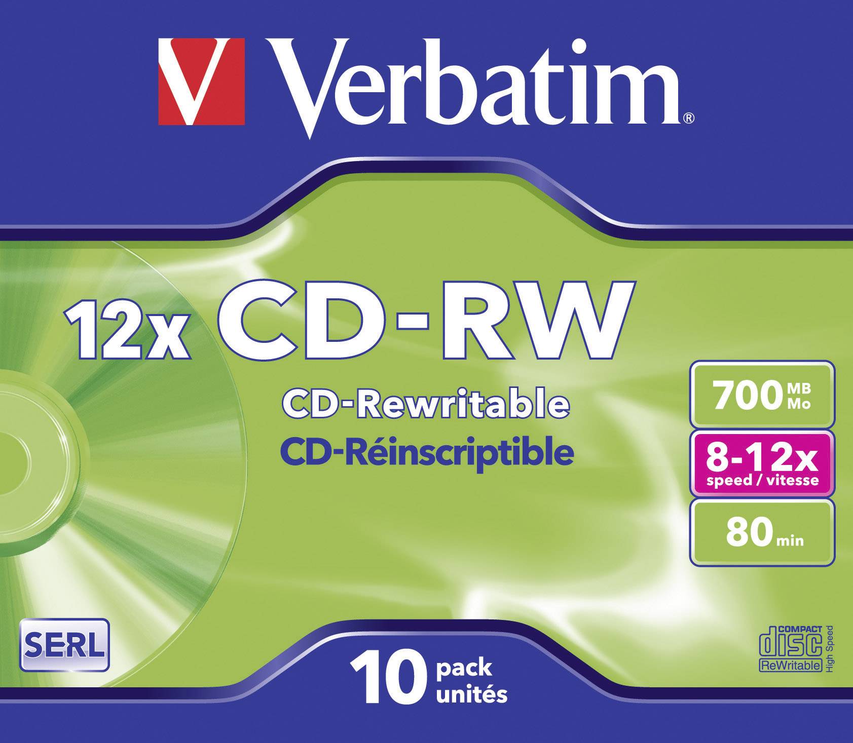 Förpackning för en Verbatim 12x CD-RW. Innehåller 10 återskrivbara CD-skivor med 700 MB kapacitet och 80 minuters ljudtid.