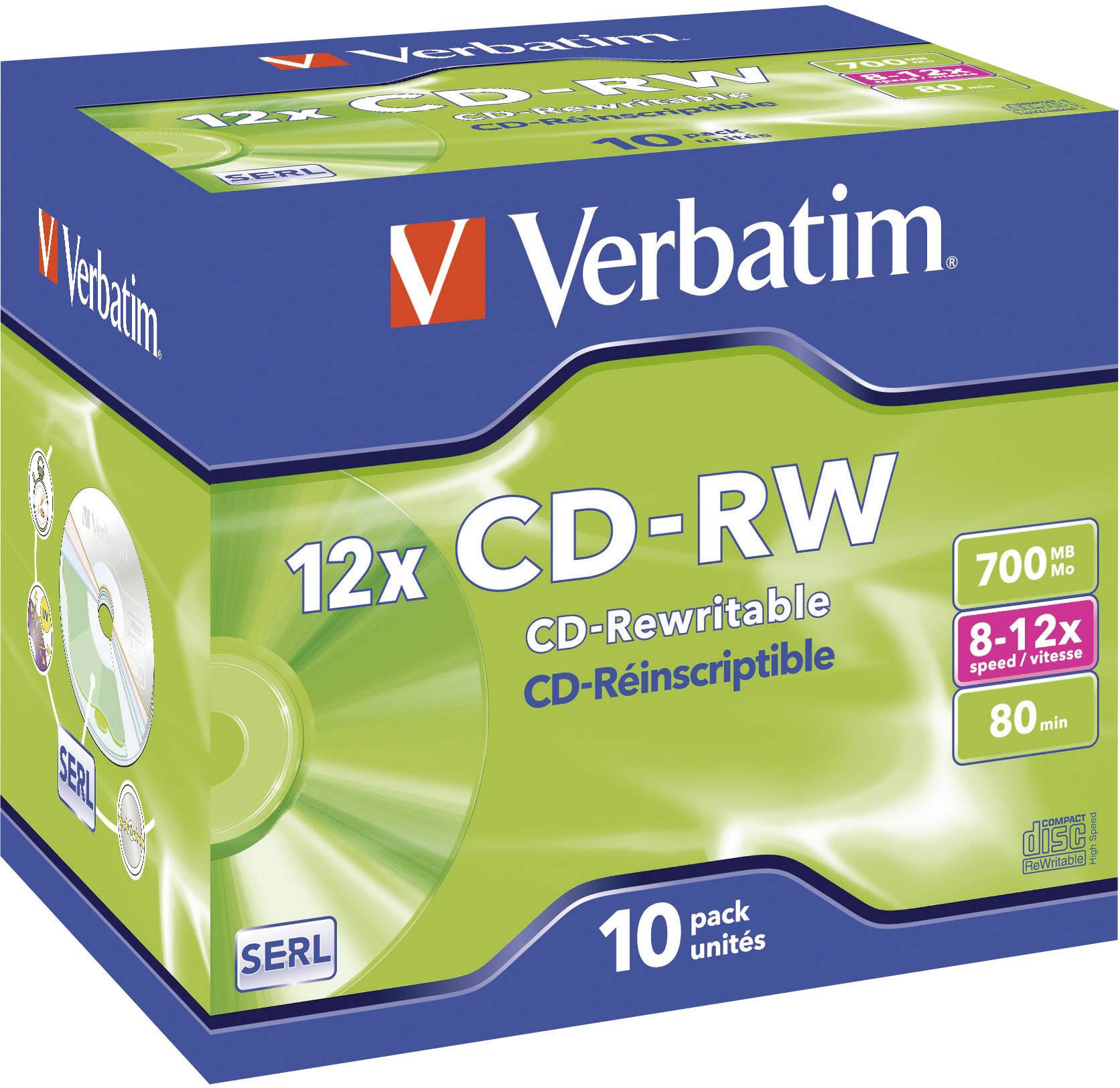 Förpackning med 'Verbatim CD-RW' 12x hastighet, 700 MB, 80 minuter, 10 stycken. Produktbeskrivning på franska och engelska.