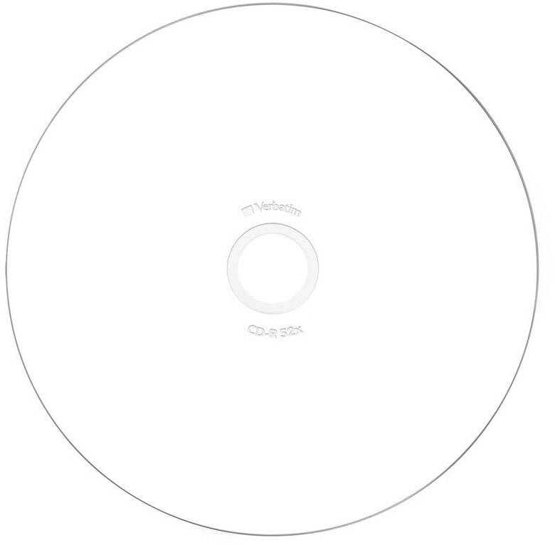 En tom, vit CD-R från Verbatim, 52x hastighet, med ett oskrivet, blankt ytskikt.