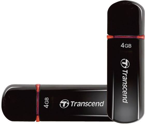 Två svarta USB-minnen av märket 'Transcend', vardera med 4 GB kapacitet, ligger ovanpå varandra.