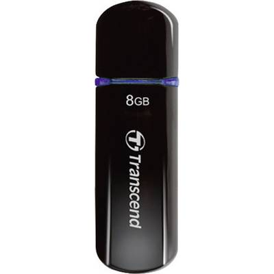 En svart USB-sticka av märket Transcend med en lagringskapacitet på 8 GB.