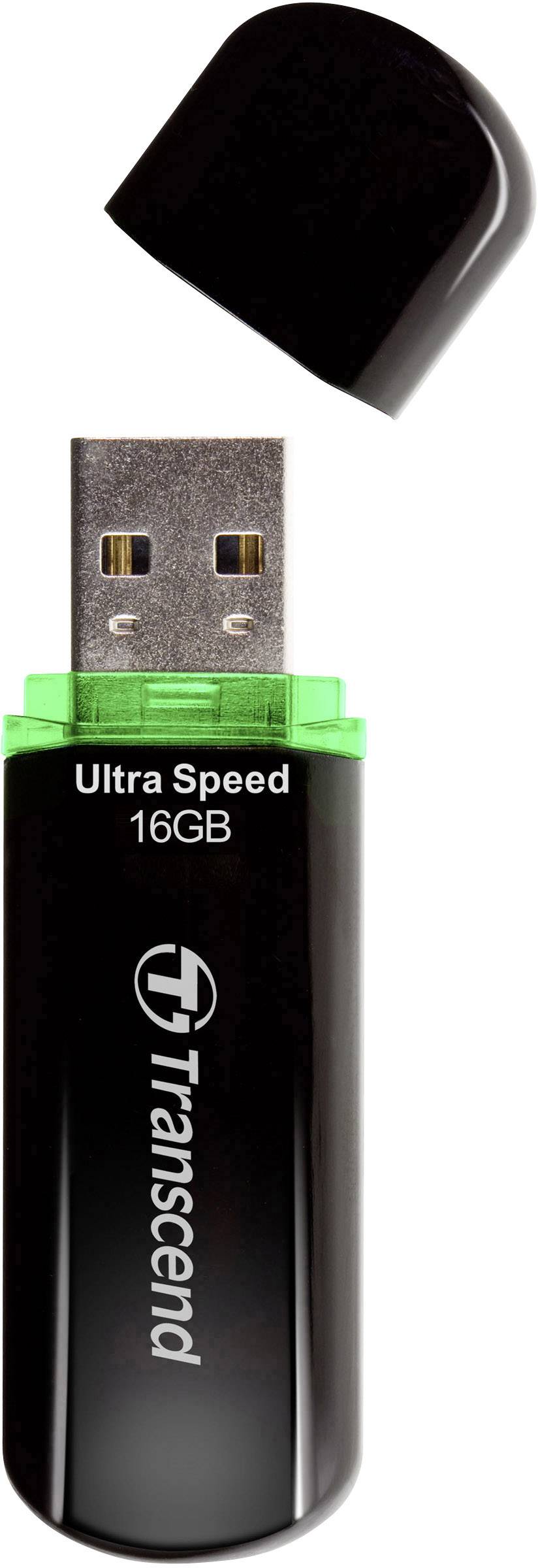 Ett svart USB-minne med grön LED-del och texten 'Ultra Speed 16GB' från Transcend, locket är borttaget.