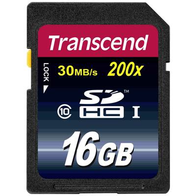 Minneskort från Transcend med 16 GB kapacitet, hastighetsklass 10, läshastighet 30 MB/s.