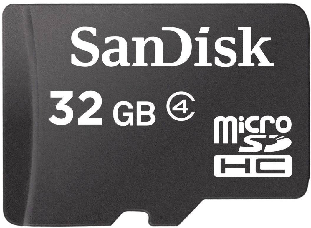 Ett svart SanDisk microSD-kort med 32 GB kapacitet och texten 'microSD HC'.