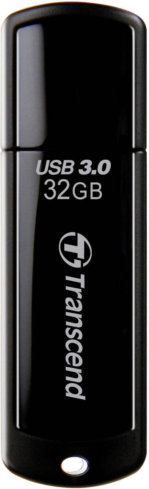 En svart USB-sticka från Transcend med 32 GB lagringskapacitet och USB 3.0-teknik.