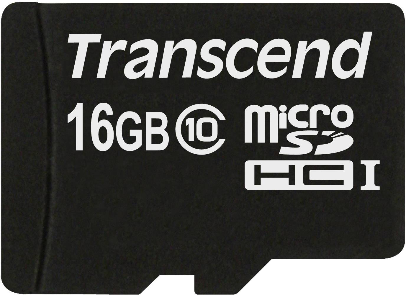 Ett svart microSD-kort från Transcend med 16 GB lagring och hastighetsklassen Class 10.