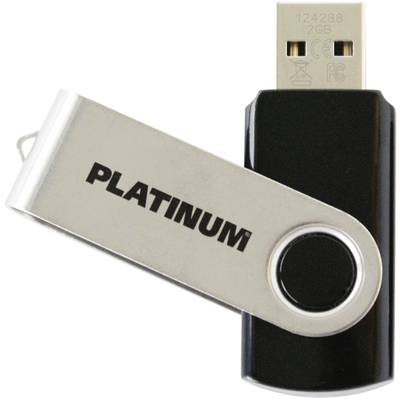 USB-sticka med vridbar metallkåpa där 'PLATINUM' står tryckt. Kapacitet: 2 GB. Svart hölje med synlig standard-USB-kontakt.