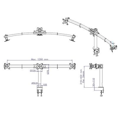 Ett tekniskt diagram över en monitorarm visar flera vyer med olika mått: maximal bredd 1290 mm, höjd 318-420 mm.
