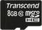 Svart MicroSD-kort med texten 'Transcend 8GB MicroSD HC Klass 10'.