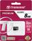 Förpackning för ett Transcend microSDHC-kort, 8 GB, Class 10, lämplig för Full HD-inspelningar, med minnesadapter.