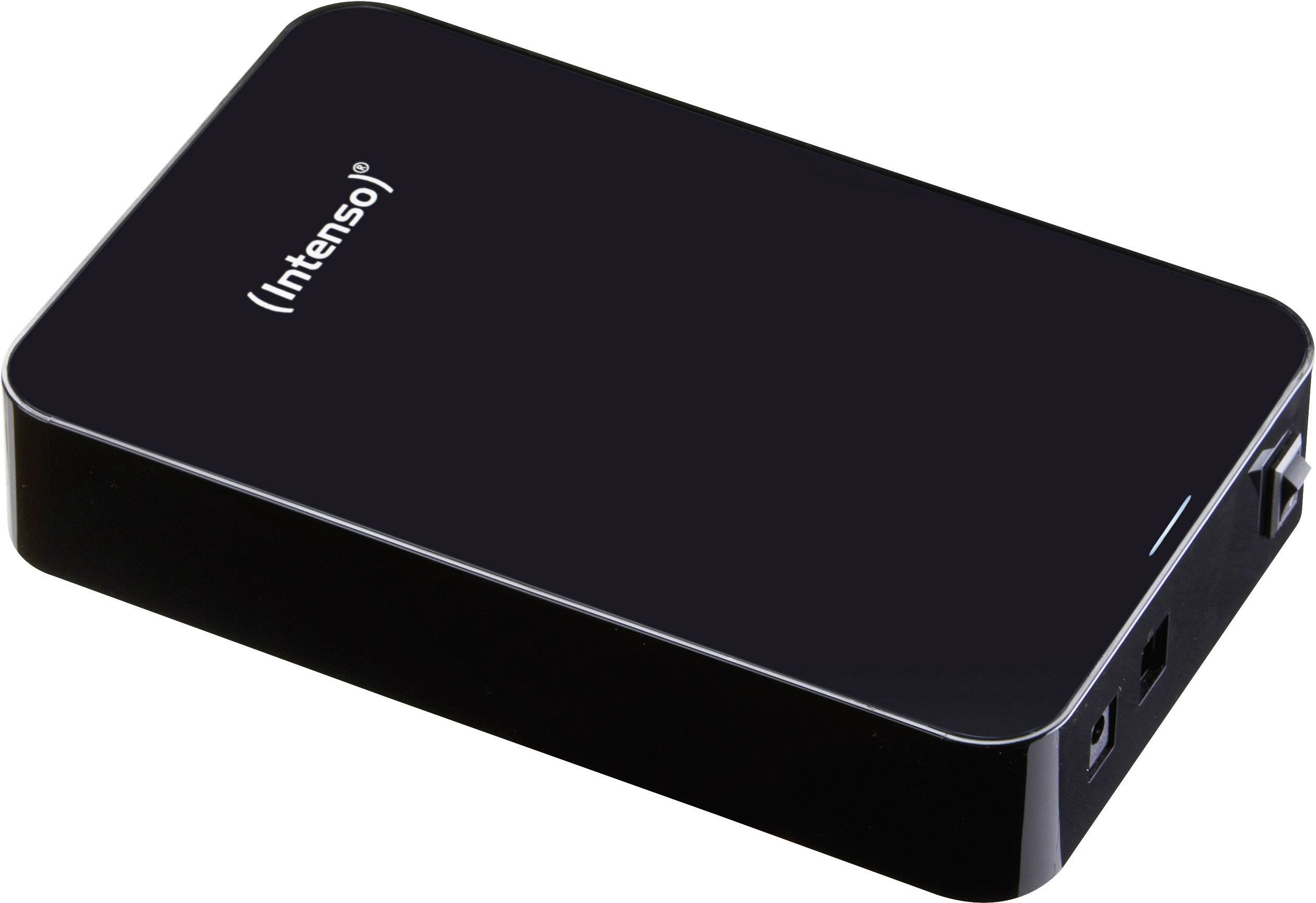 Svart extern hårddisk från märket 'Intenso'. Den har en USB-anslutning och är kompakt, lämplig för datahantering och säkerhetskopiering.