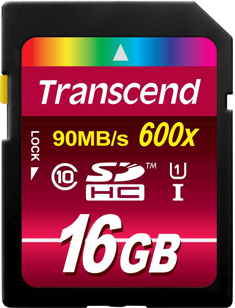 SD-kort med 16 GB, märke Transcend, hastighetsklass 10, 600x, 90 MB/s läshastighet.