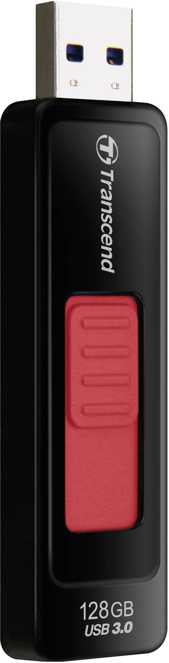 En svart USB-sticka med röd skjutreglage och texten 'Transcend 128GB USB 3.0', lämplig för snabb dataöverföring.