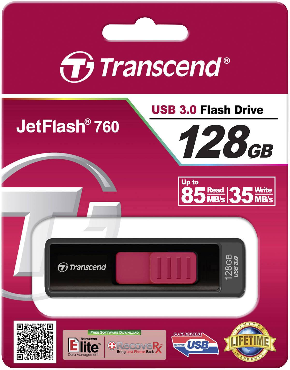 'Transcend JetFlash 760' USB 3.0-sticka, 128 GB. Läs-/skrivhastighet: upp till 85/35 MB/s. Förpackningen visar produktbild.