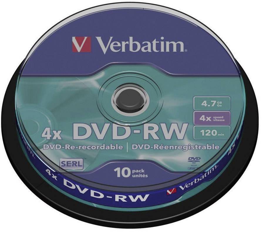 En Verbatim DVD-RW, 4,7 GB kapacitet, 4x skrivhastighet, återskrivbar, 120 minuters speltid.