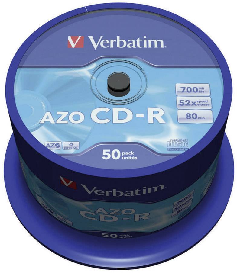 En stapel med 50 Verbatim AZO CD-R skivor med 700 MB kapacitet och 52x skrivhastighet, lämpliga för datalagring.