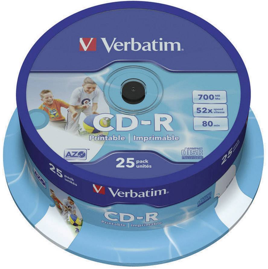 Paket med 25 skrivbara CD-R-skivor från Verbatim, lagringskapacitet på 700 MB, skrivhastighet på 52x. Innehåller bild av familjeaktiviteter.