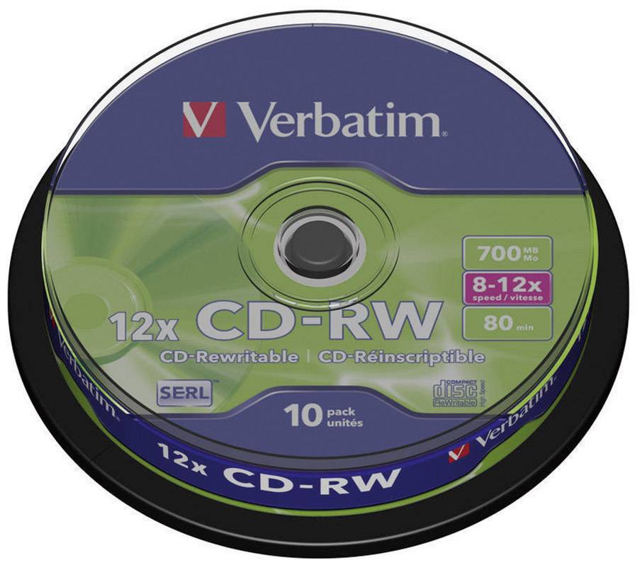 En förpackning Verbatim CD-RW med 12x skrivhastighet, 700 MB lagringskapacitet och 80 minuters speltid, 10 stycken.