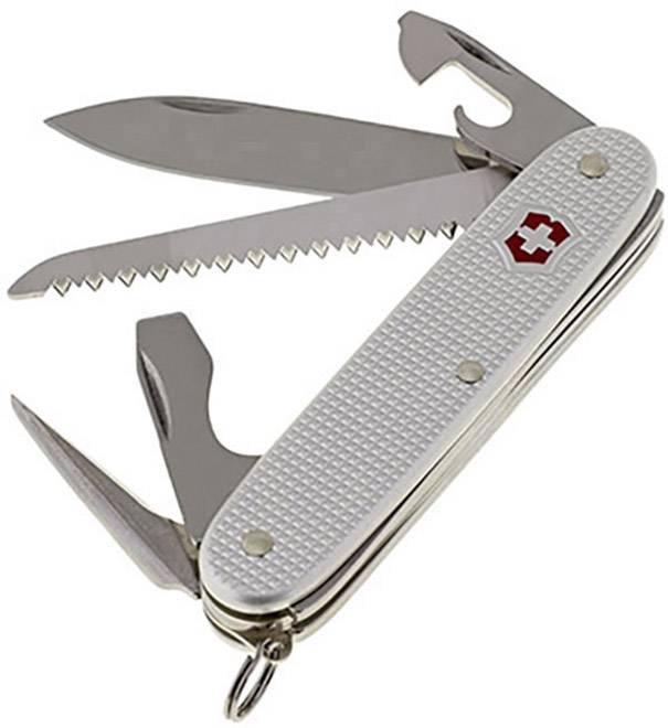 Fällkniv med flera uppfällda verktyg, inklusive kniv, såg och burköppnare, mot vit bakgrund.
