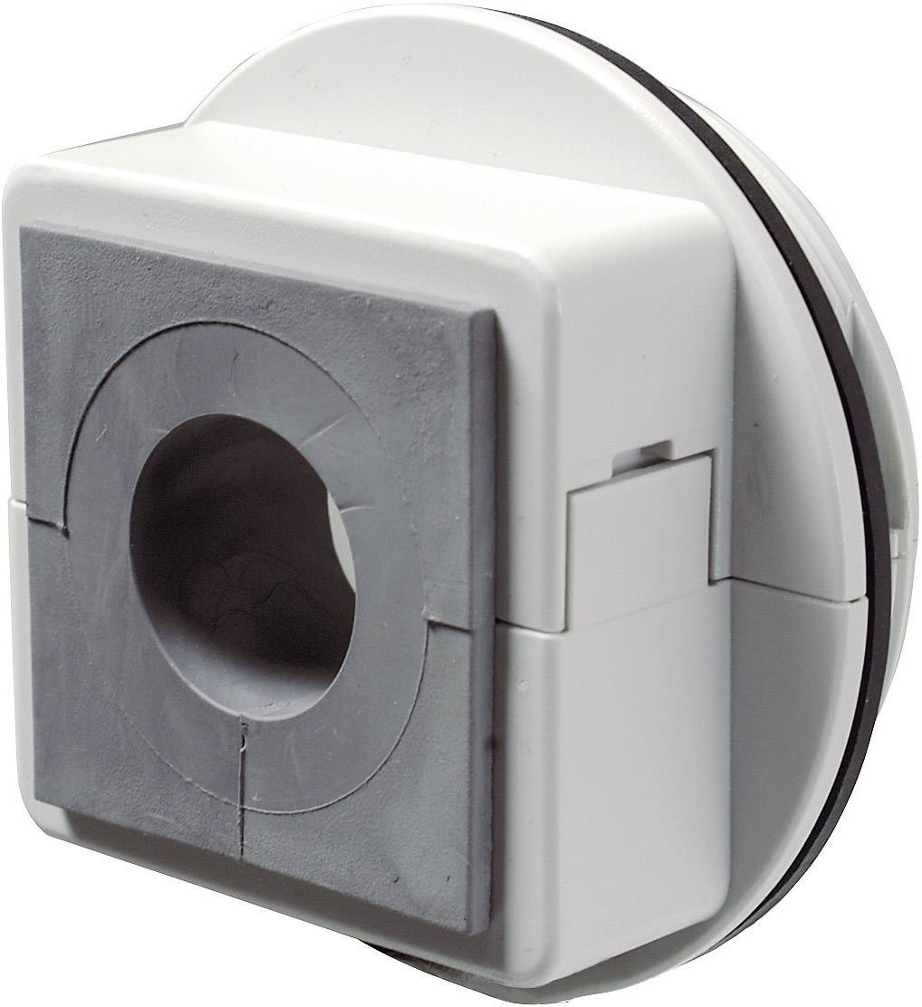 Rundad, vit teknisk adapter med fyrkantig, grå framsida och ett centrerat hål. Kablar eller rör kan föras igenom detta hål.