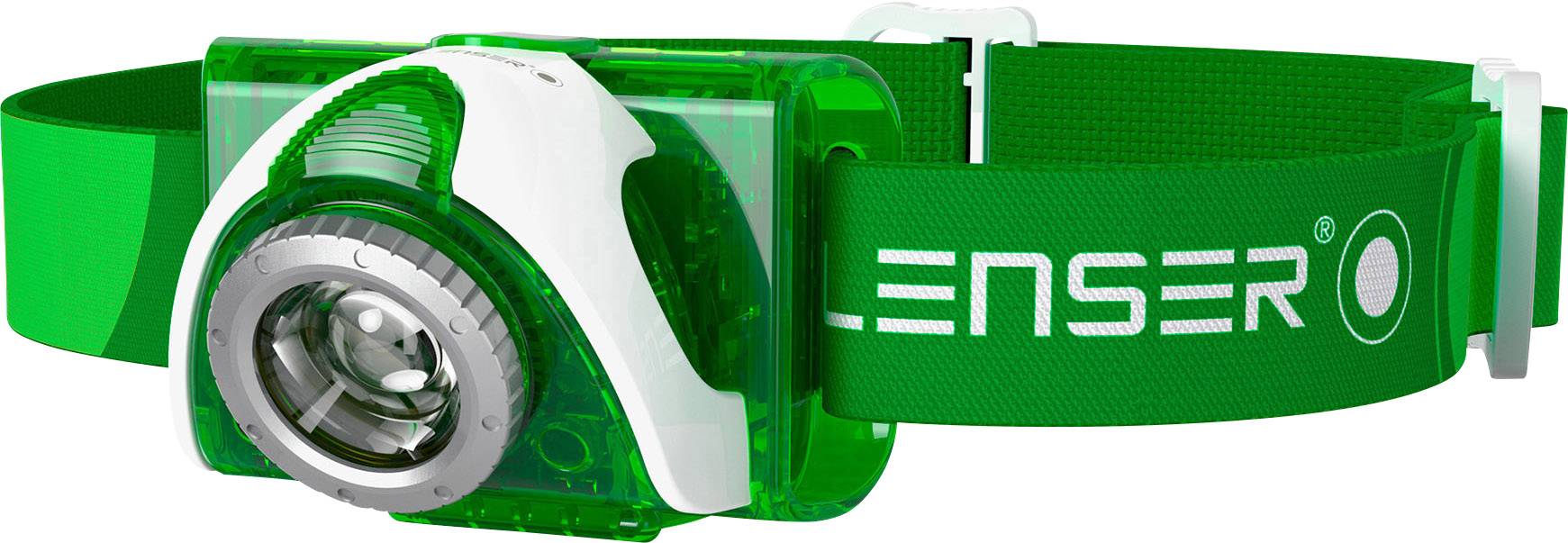 Grön pannlampa med elastiskt band, LED-ljus och metallhölje. Märket 'Lenser' syns på bandet. Perfekt för vandring.