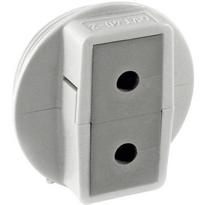 Grå, rund adapterkontakt med två runda anslutningsplatser, lämplig för anslutning av elektriska enheter med olika kontaktformat.