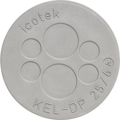 En rund, grå skyddskåpa med fem cirkelformade urtag, med texten 'icotek KEL-DP 25/6' tryckt på ovansidan.