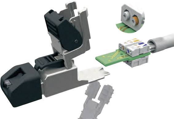 Verktyg för att ansluta en kabel till en kontakt genom att pressa och skära. Närbild av en elektrisk anslutning.