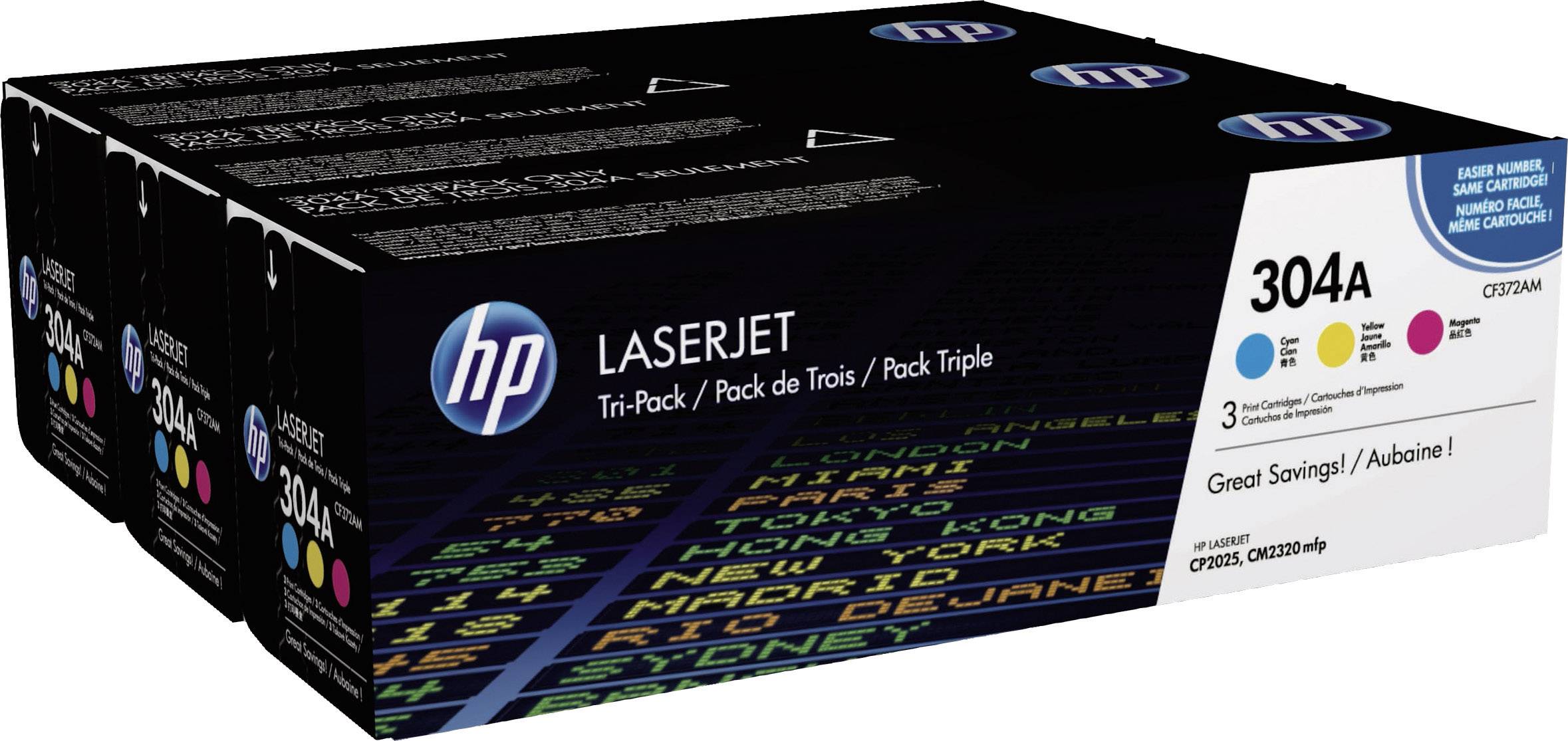 En förpackning med tre HP LaserJet 304A tonerkassetter. Den är avsedd för kompatibilitet med flera skrivare och erbjuder kostnadsbesparingar.