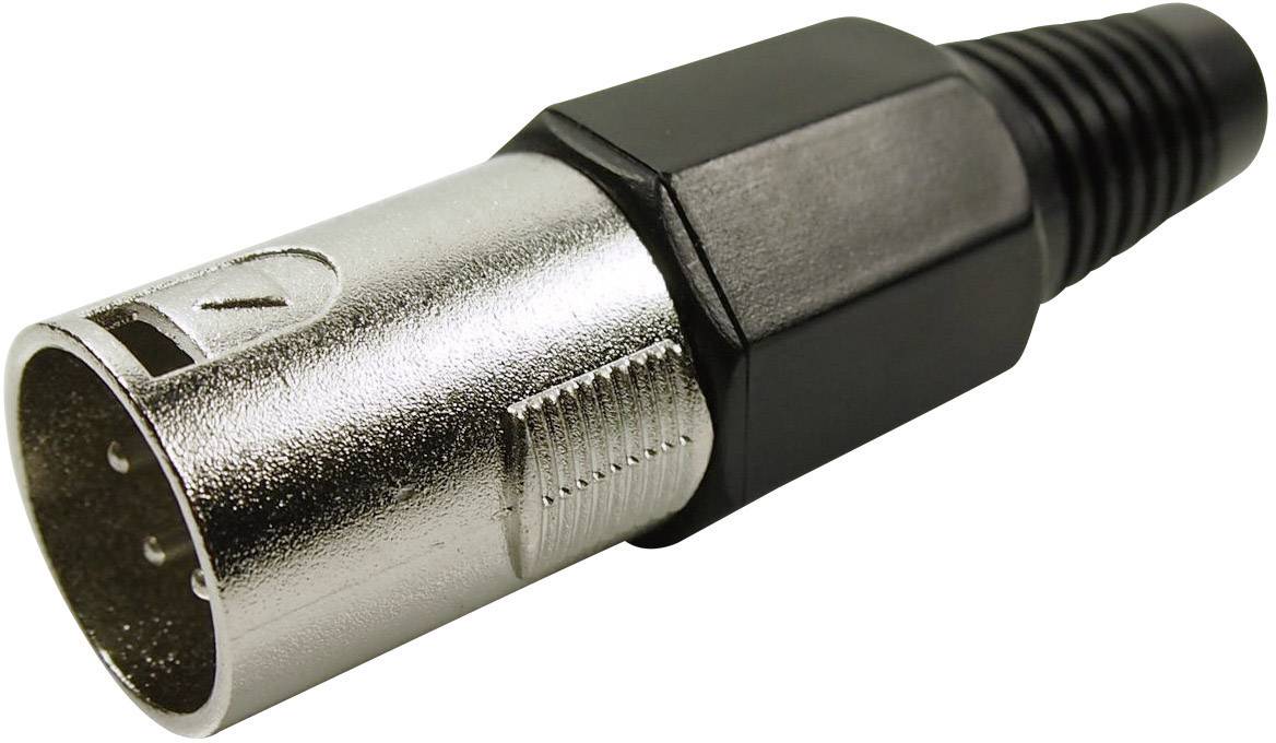 Mikrofonkabelkontakt i silver och svart. Typ: XLR-kontakt, trepolig. Används för professionella audiosignaler.