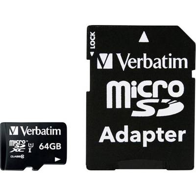 Verbatim microSDXC UHS-I 64 GB minneskort med adapter, visar lagringslösning för mobila enheter.