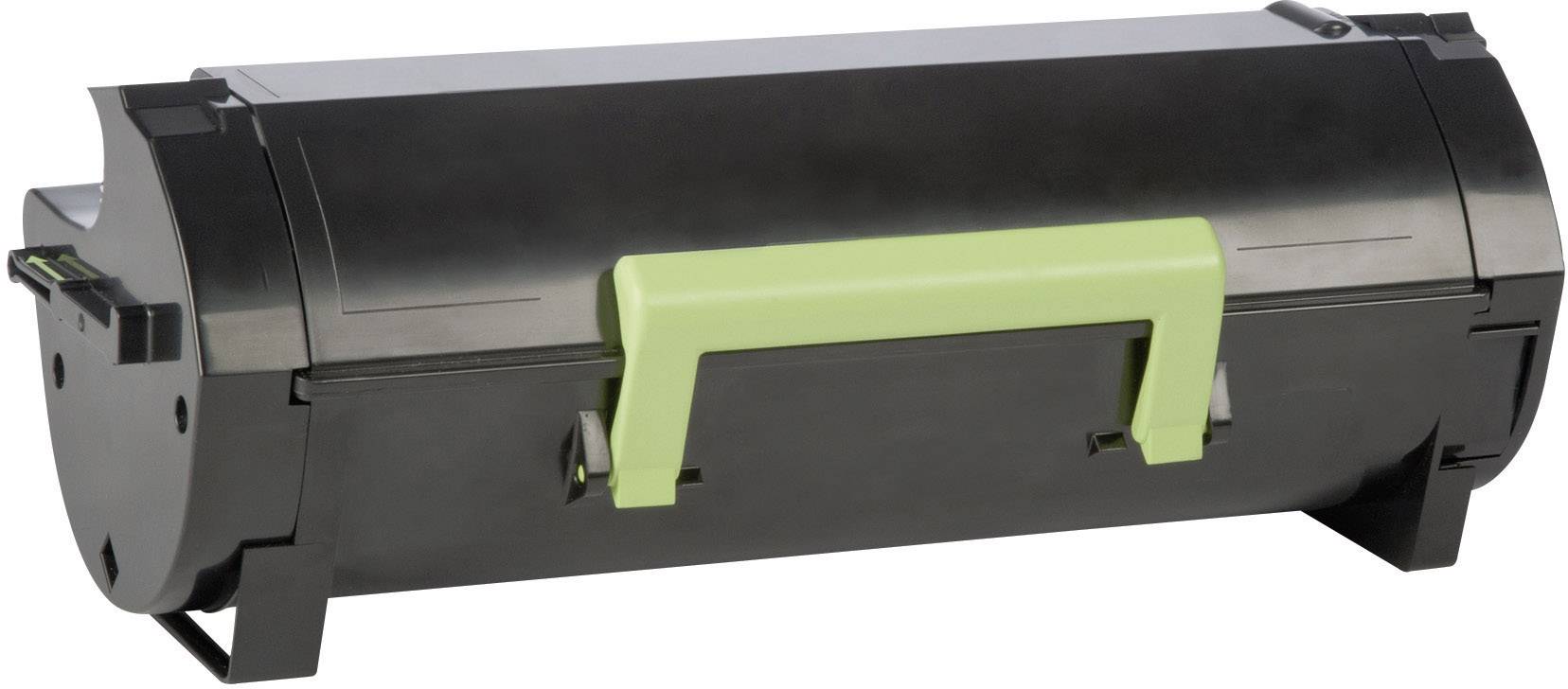 Svart tonerpatron med grönt handtag, lämplig för laserskrivare. Den är långsträckt och cylindrisk till formen.
