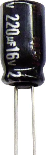 En cylindrisk elektrolytkondensator märkt '220µF 16V'. Två trådanslutningar är synliga vid den nedre änden.