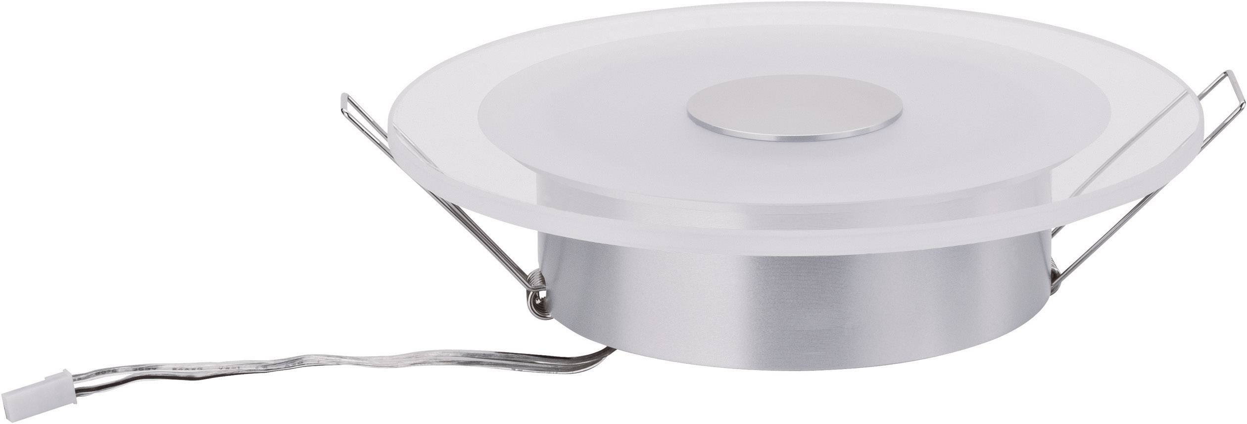 Rund LED-infälld armatur med silver ram och vit diffusor, utan synlig lampa, förberedd för takmontering.